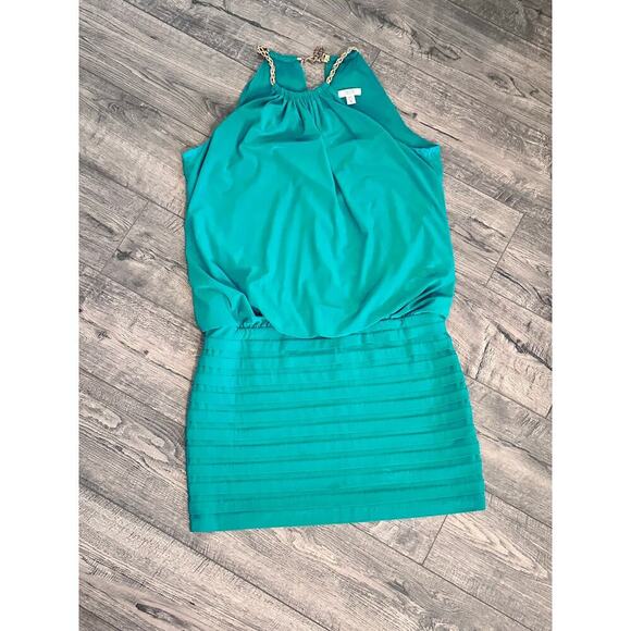 Vintage Cache Women's Green Blouson Gold Chain Halter Neck Mini Dress Size 10 - Picture 16 of 16